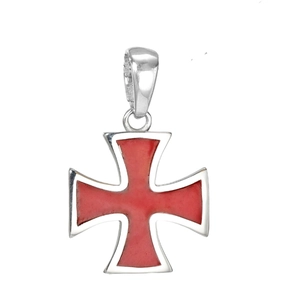 Collier croix en acier inoxydable argenté avec centre en émail rouge sur fond blanc