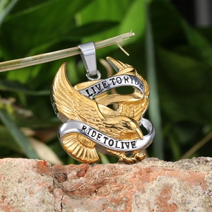 Biker style eagle pendant in gold and silver steel with Live to Ride slogan