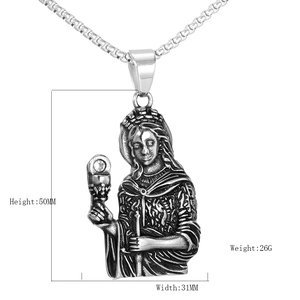 Vintage stainless steel Virgin Mary pendant necklace with detailed silver engraving