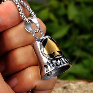 Retro stainless steel bell necklace with golden spade motif and box chain for men and women