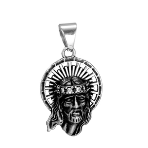 Hip Hop Stainless Steel Jesus Head Pendant Necklace For Men Religious Jewelry With Rhinestone Thorn Crown Steel Color Necklace