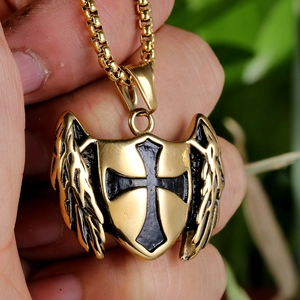 Men's gold and black knight shield cross wing pendant necklace with stainless steel box chain