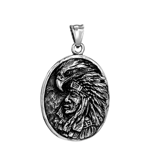Collier Pendentif Relief Aigle et Chef Indien Vintage en Acier Inoxydable pour Homme Bijoux Ethniques Argent Vieilli