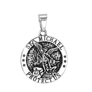 Retro Stainless Steel Saint Michael Archangel Round Pendant Necklace For Men Women Religious Guardian Angel Shield Punk Jewelry
