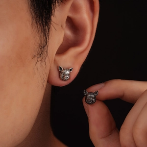 Retro zodiac pig stud earrings in antique silver finish for a minimalist unisex look