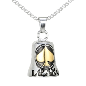 Vintage spade bell pendant necklace in gold and silver tones with stainless steel box chain
