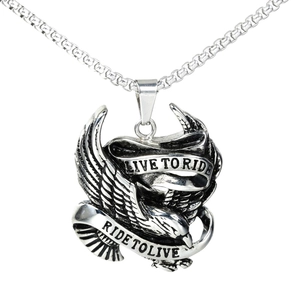 Vintage Stainless Steel Eagle Pendant Necklace For Men Biker Live To Ride Slogan Two-Tone Punk Jewelry Wing Eagle Pendant Necklace