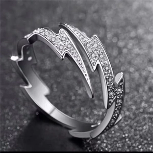 Hip Hop Silver Color Lightning Open Adjustable Ring For Men Women Personalized Alloy Rhinestone Geometric Finger Ring Trendy Jewelry