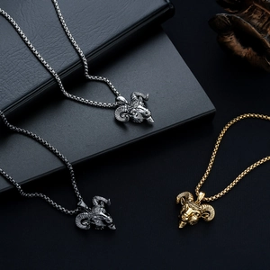 Zodiac Sheep Head Pendant Necklace Titanium Steel Copper Chain Punk Retro Viking Unisex Personality Fashion Jewelry Accessories