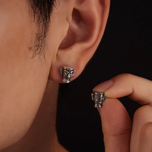 Retro Sanxingdui bronze mask stud earrings in antique silver finish for men and women