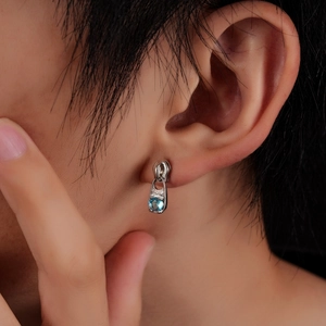 Boucle d'oreille curseur de fermeture en argent S925 avec zircon bleu pour homme et femme