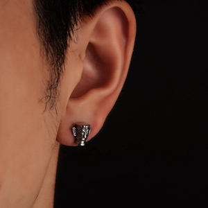 Vintage Sanxingdui mask stud earring in silver finish with intricate tribal design details