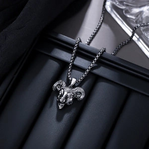 Macro view of 3D ram head pendant with textured horns on a durable silver box chain