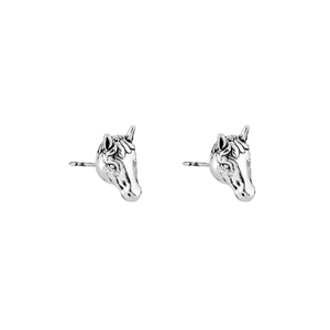 Realistic horse head stud earrings in oxidized silver finish with detailed mane carving