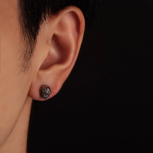 Punk style black mask stud earrings for men with vintage facial relief design