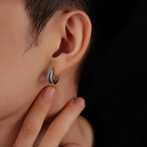 Three-layer hoop earring featuring blue turquoise, clear zircon, and polished silver finish