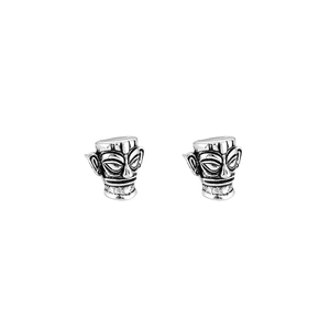 Retro Sanxingdui mask stud earrings in vintage silver finish with oxidized details