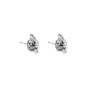 Unique zodiac rooster stud earrings in vintage silver metal with detailed feather engraving