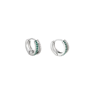 Silver hoop earrings with double-row emerald green and white cubic zirconia stones