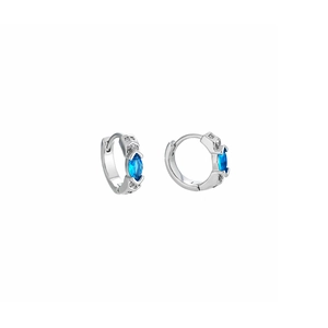 Boucles d'oreilles créoles argentées avec gemme bleue marquise et pavage zircon