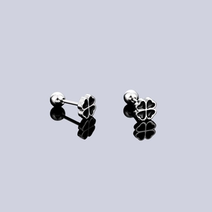 Silver stainless steel four-leaf clover stud earrings with black enamel inlay