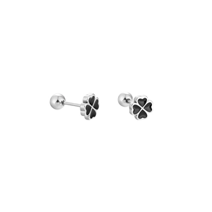 Surgical steel four-leaf clover stud earrings with black enamel and screw ball backs