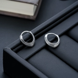Vintage Titanium Stainless Steel Triangle Hoop Earrings For Men Women Geometric Parallel Lines Grooved Huggie Earrings Jewelry Gift