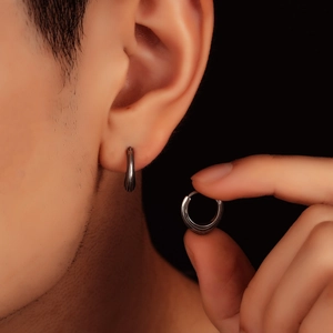 Minimalist silver triangle hoop earrings for men in vintage titanium steel aesthetic