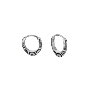 Minimalist silver triangle earrings with triple parallel textured lines and hoop closure