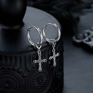 Gothic Vintage Stainless Steel Cross Pendant Hoop Earrings For Men Women Unisex Hip Hop Punk Style Distressed Jewelry Gift