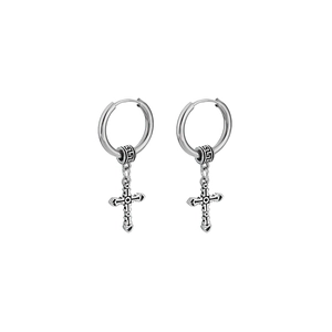 Silver cross hoop earrings for men with meander pattern and heart-shaped details