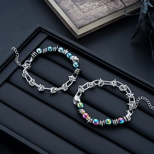 Bracelet Perlé en Acier Inoxydable pour Hommes Mode Multicolore Perles Bleues Style Punk Ajustable Bijoux de Luxe Bracelet Unisexe