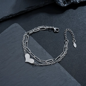 Double Layer Titanium Steel Heart Pendant Paperclip Chain Bracelet For Women Men Minimalist Silver Tone Fashion Jewelry Accessory