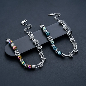 Bracelet homme en acier inoxydable avec perles irisées et chaîne à gros maillons