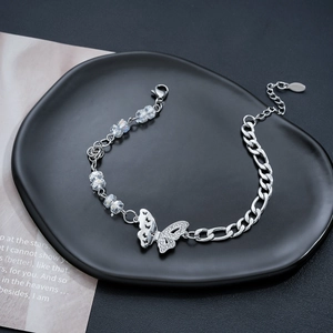 Butterfly charm bracelet with crystal beads and silver Cuban chain for women and men