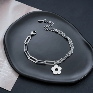 Minimalist Stainless Steel Flower Charm Bracelet For Men Women Asymmetrical Splicing Chain Polished Silver Hand Jewelry Gift