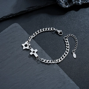 Trendy Titanium Steel Cross Star Charm Bracelet For Men Women Silver Color Curb Chain Adjustable Fashion Jewelry Hand Accessory