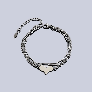Double-layered stainless steel paperclip chain bracelet with polished heart pendant charm
