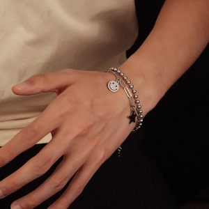 Smiley face and black star double-layer silver bracelet for men and women stylish jewelry
