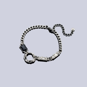 Men's titanium steel bracelet with cubic zirconia and a black square pendant