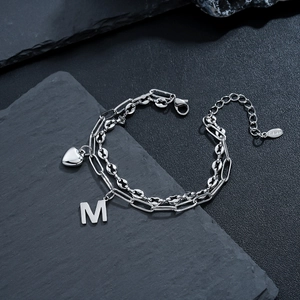 Trendy Titanium Steel Double Layer Bracelet For Men Women Silver Polished Letter M Heart Pendant Adjustable Jewelry Gift