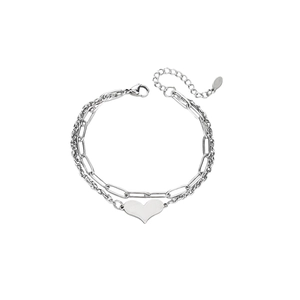 Double-layered stainless steel heart bracelet with paperclip chain and lobster clasp