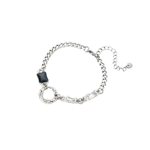 Silver cuban chain bracelet with black zircon accents and adjustable lobster clasp