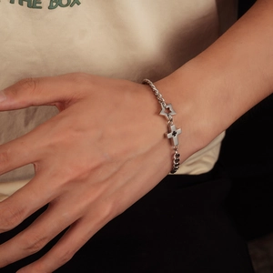 Cross and pentagram pendant chain bracelet in silver stainless steel for men and women