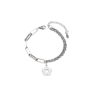 Silver stainless steel chain bracelet with geometric flower pendant and lobster clasp