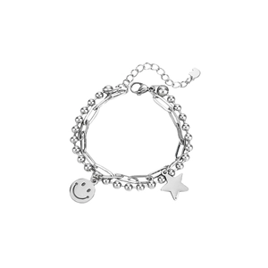 Double-layered smiley and star charm bracelet with beaded and paperclip chain links