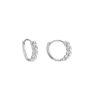 Polished silver twisted rope hoop earrings with a minimalist spiral metal texture