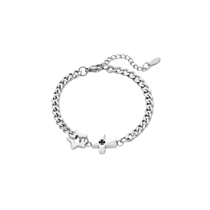 Silver cross bracelet with hollow star charm and adjustable lobster clasp for men and women