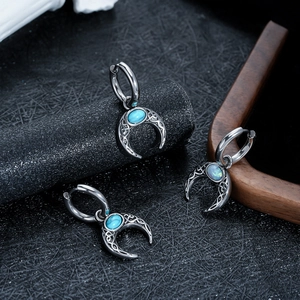 Vintage Titanium Steel Moon Hoop Earrings Bohemian Celtic Knot Turquoise Opal Inlaid Ethnic Jewelry For Women Men