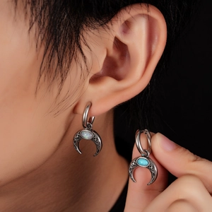 Bohemian turquoise and opal crescent moon hoop earrings with vintage engraved silver texture